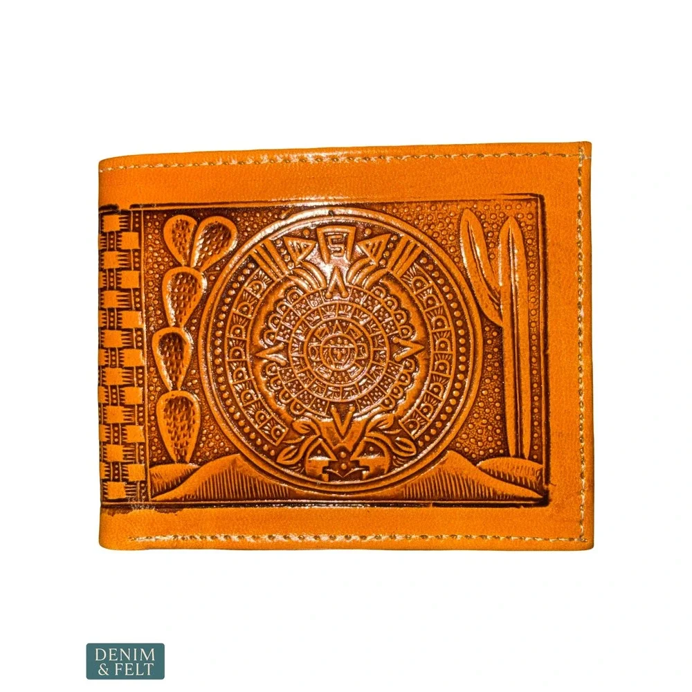 NEW‎ Handcrafted Western Tooled Leather Aztec Calendar Bifold Wallet Southwest